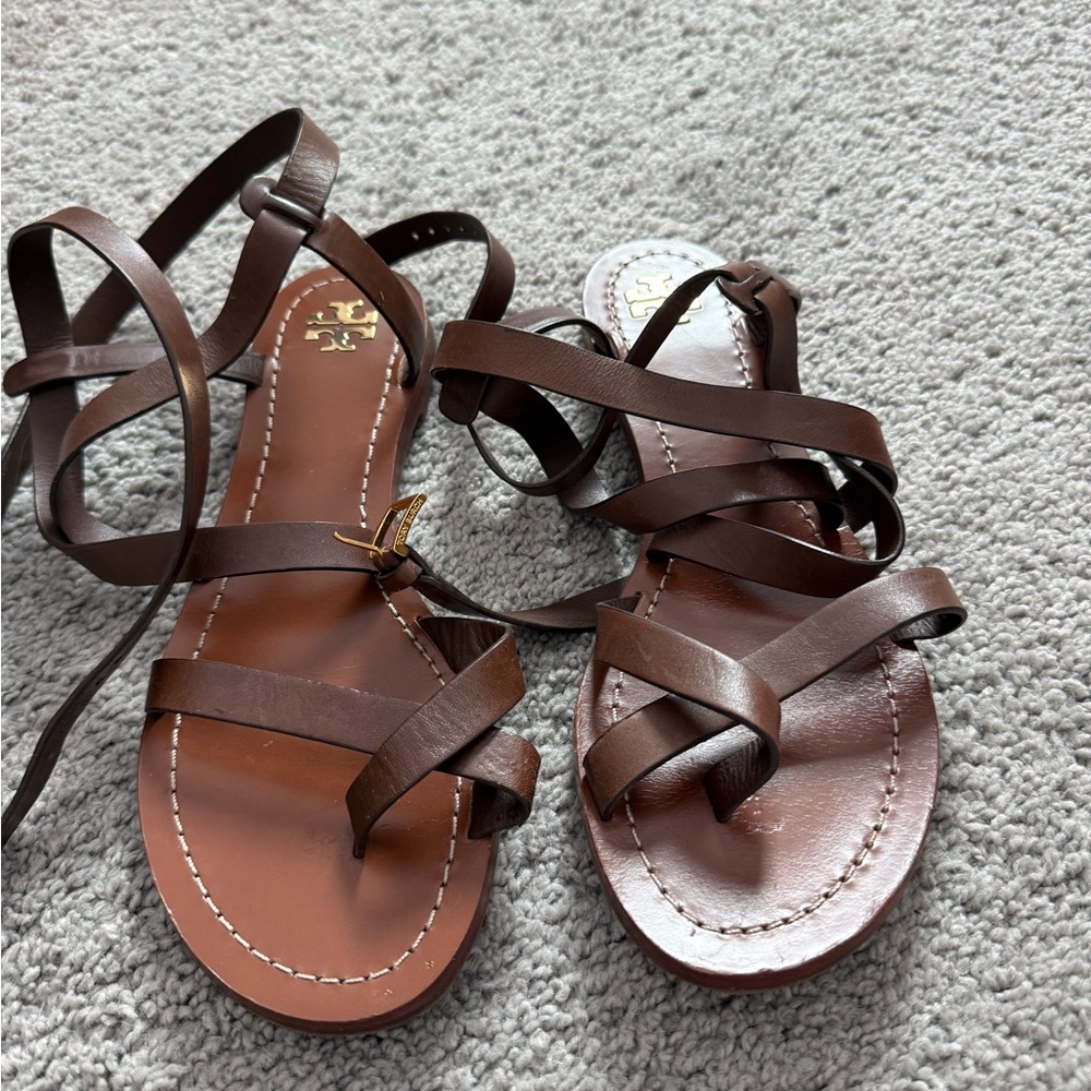 Tory Burch Brown Leather Lace-Up Strappy Sandals